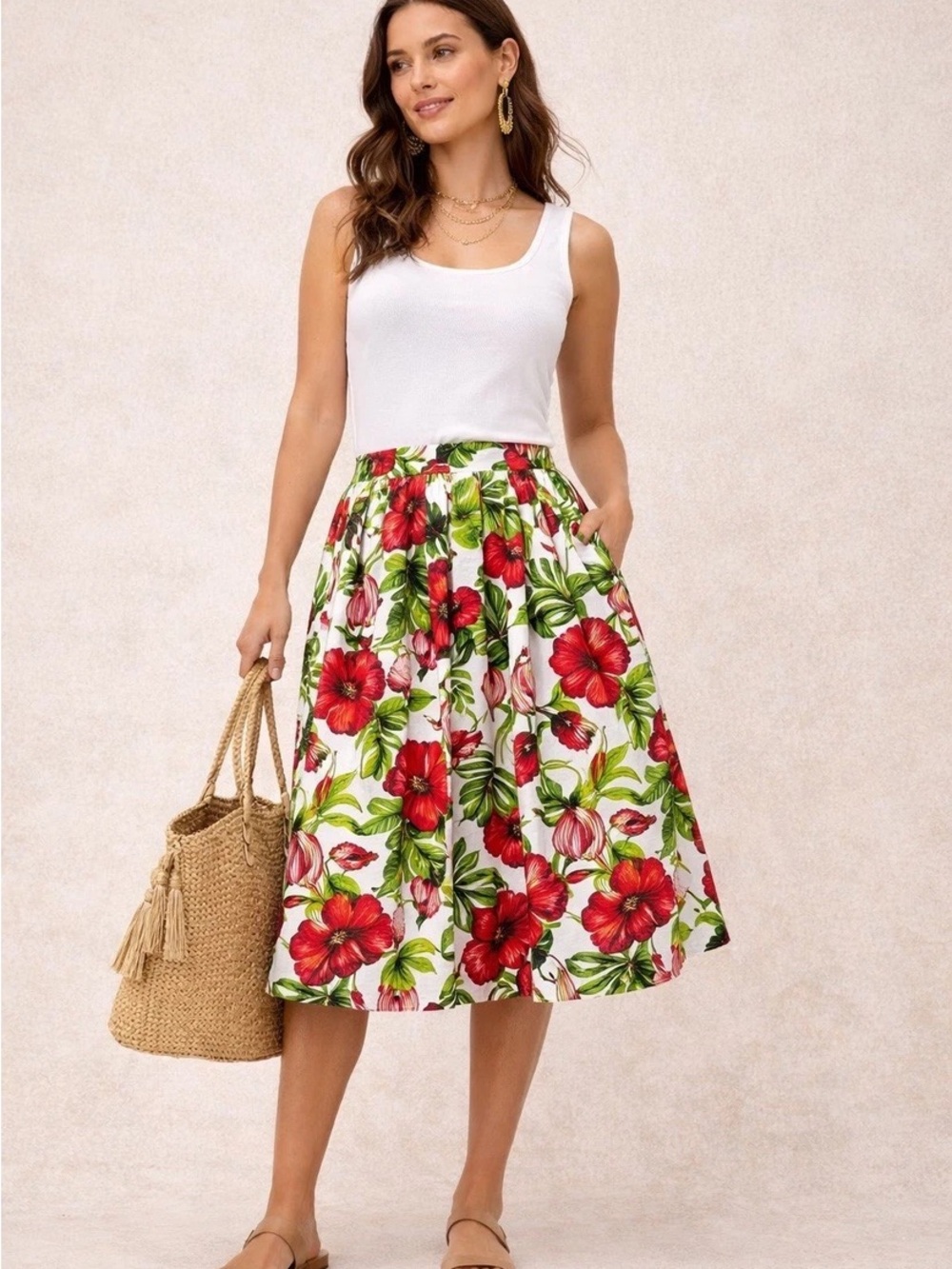eva mendes for New York & Company White Midi Skirt with Red & Green Floral Print